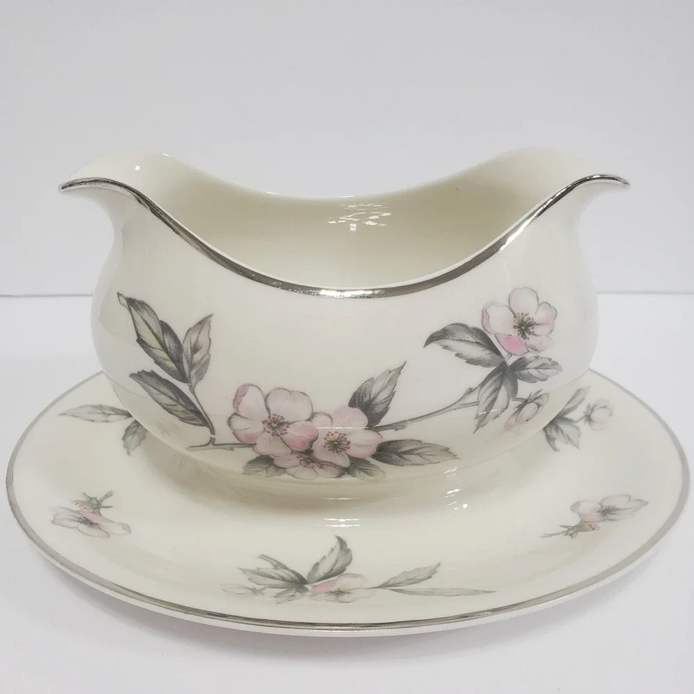 Ancestral Spring Glory Gravy Boat Sauce Dish White Pink Floral Silver Rim‎